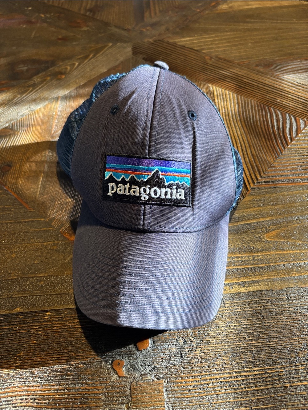 Patagonia Navy Blue Trucker Hat with Multicolor Logo